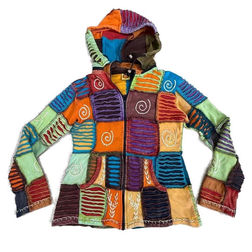 Karma Circle USA Patchwork Zip Up Hoodie Jacket Multi-Color Boho Hippie